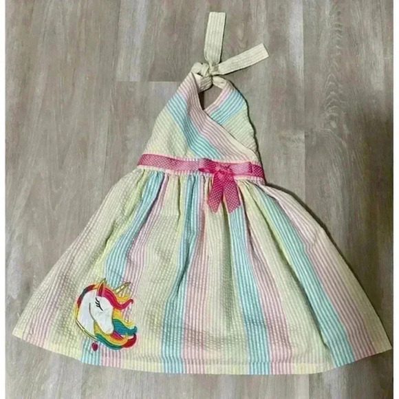 RARE EDITIONS Little Girl's size 4T Halter Stripe Unicorn Seersucker Dress - Picture 5 of 7